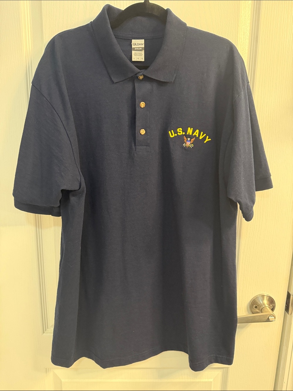 Gildan Men’s Navy Polo with Yellow U.S. Navy Embroidery